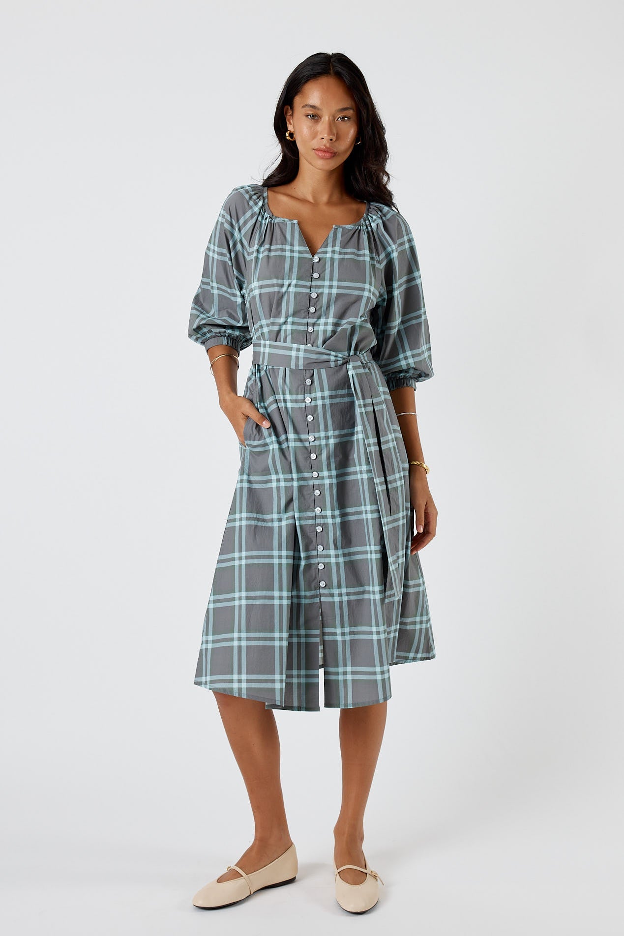 Division Itami Check Button Midi Dress (Green)