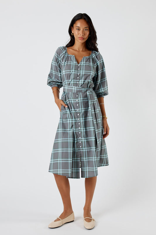 Division Itami Check Button Midi Dress (Green)