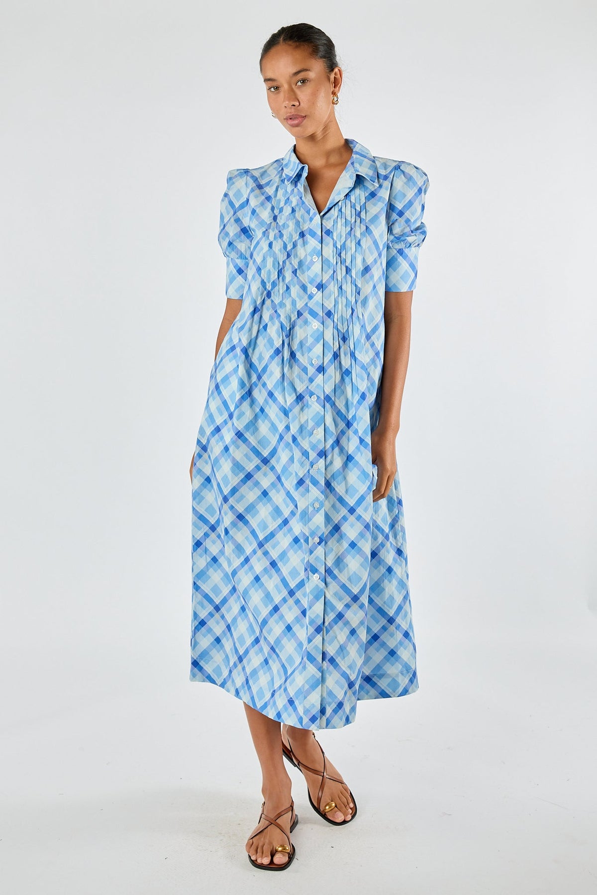 Image of Dresses. Product name - Itami Check Ruched Midi Blue in Blue colour by brand - Itami Division
