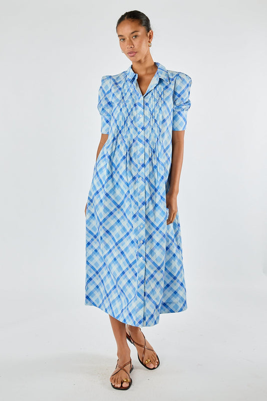 Image of Dresses. Product name - Itami Check Ruched Midi Blue in Blue colour by brand - Itami Division