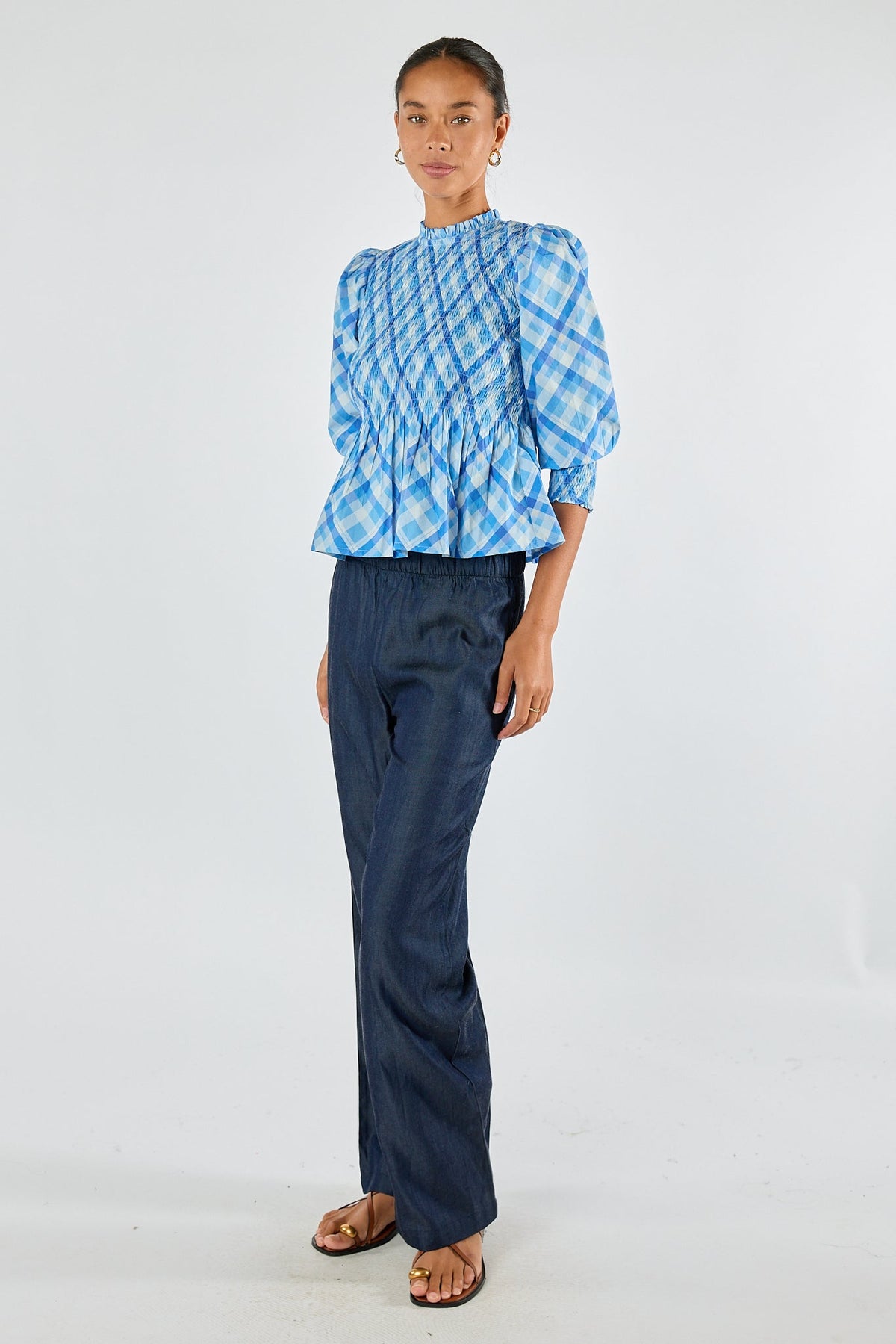 Division Itami Check Ruched Top (Blue)