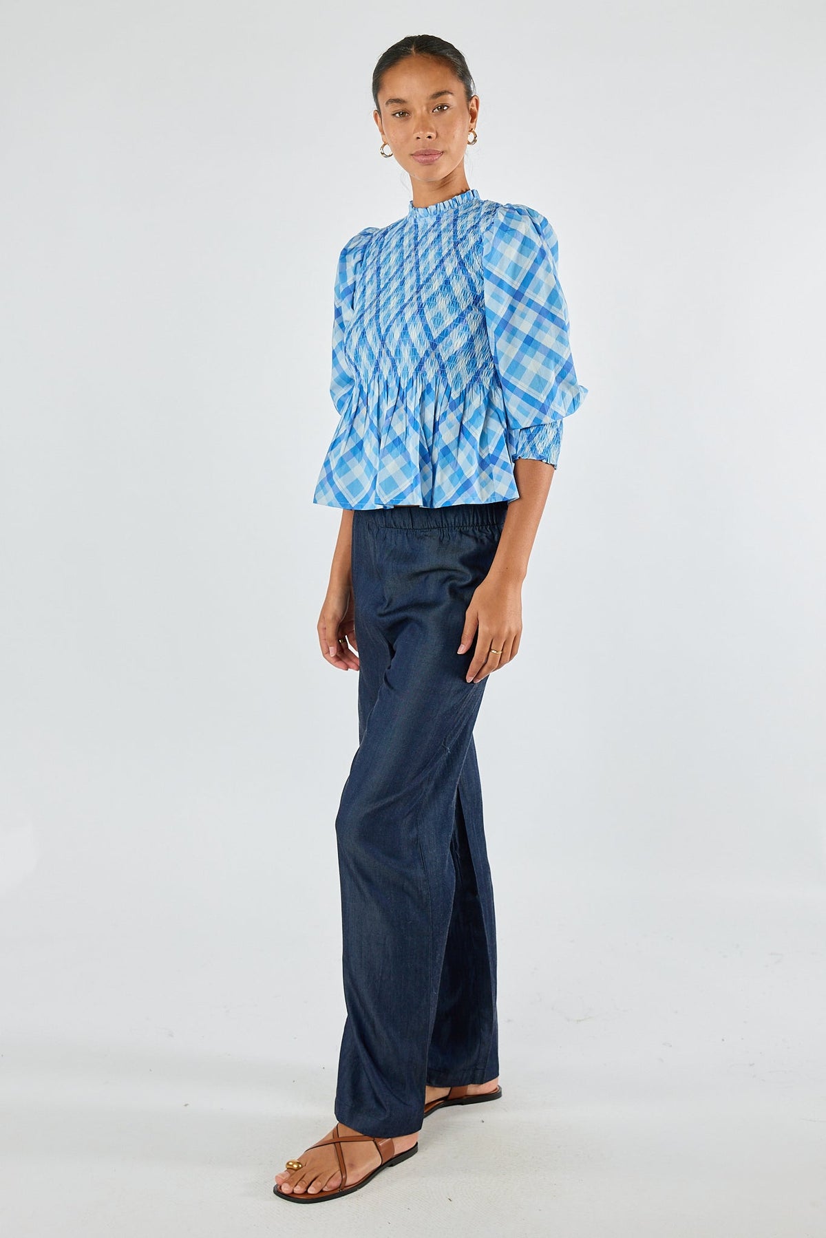 Division Itami Check Ruched Top (Blue)