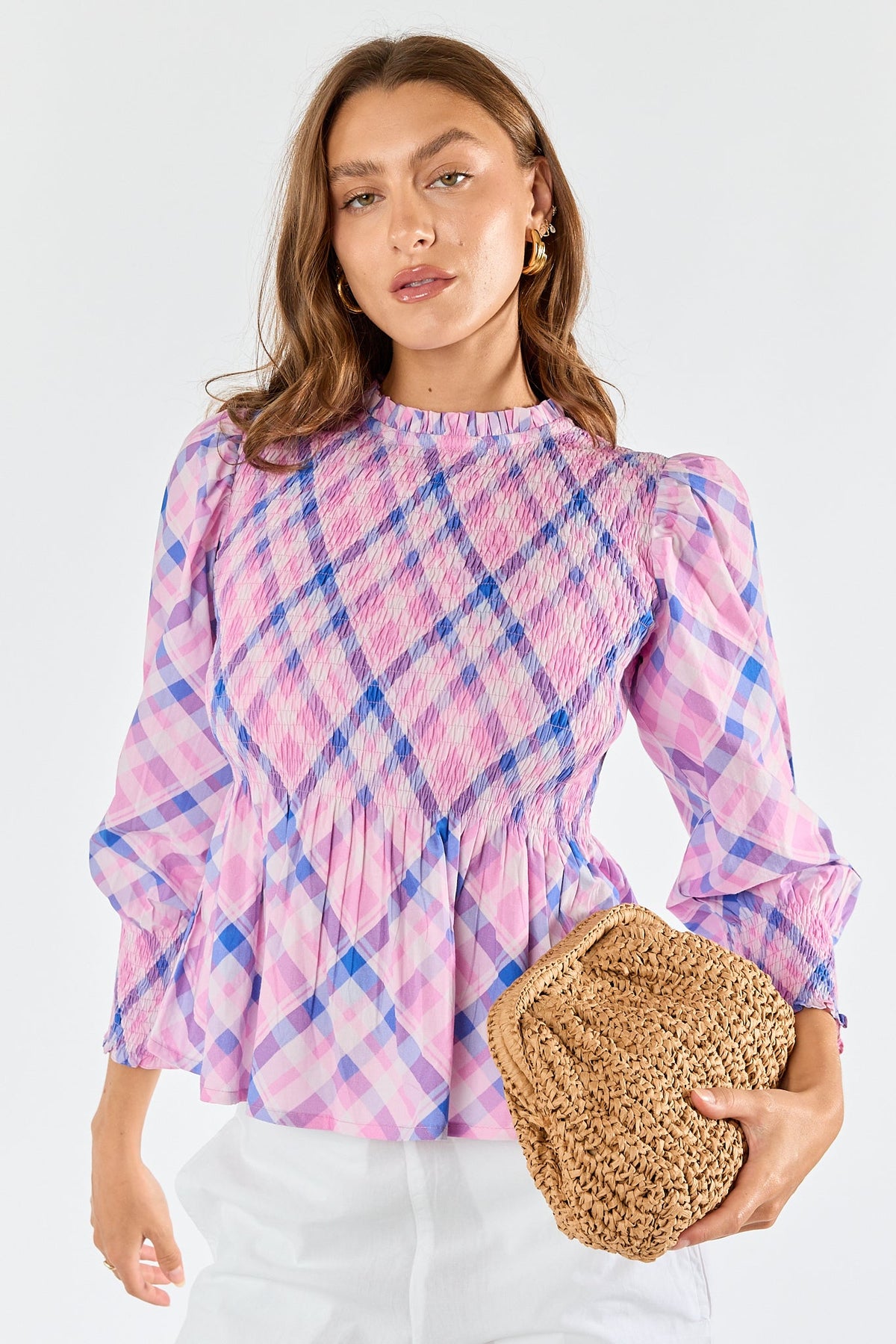Division Itami Check Ruched Top (Pink)