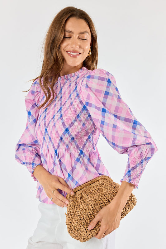 Image of a model wearing Tops. Product name - Itami Check Ruched Top Pink in Pink colour by brand - Itami Division