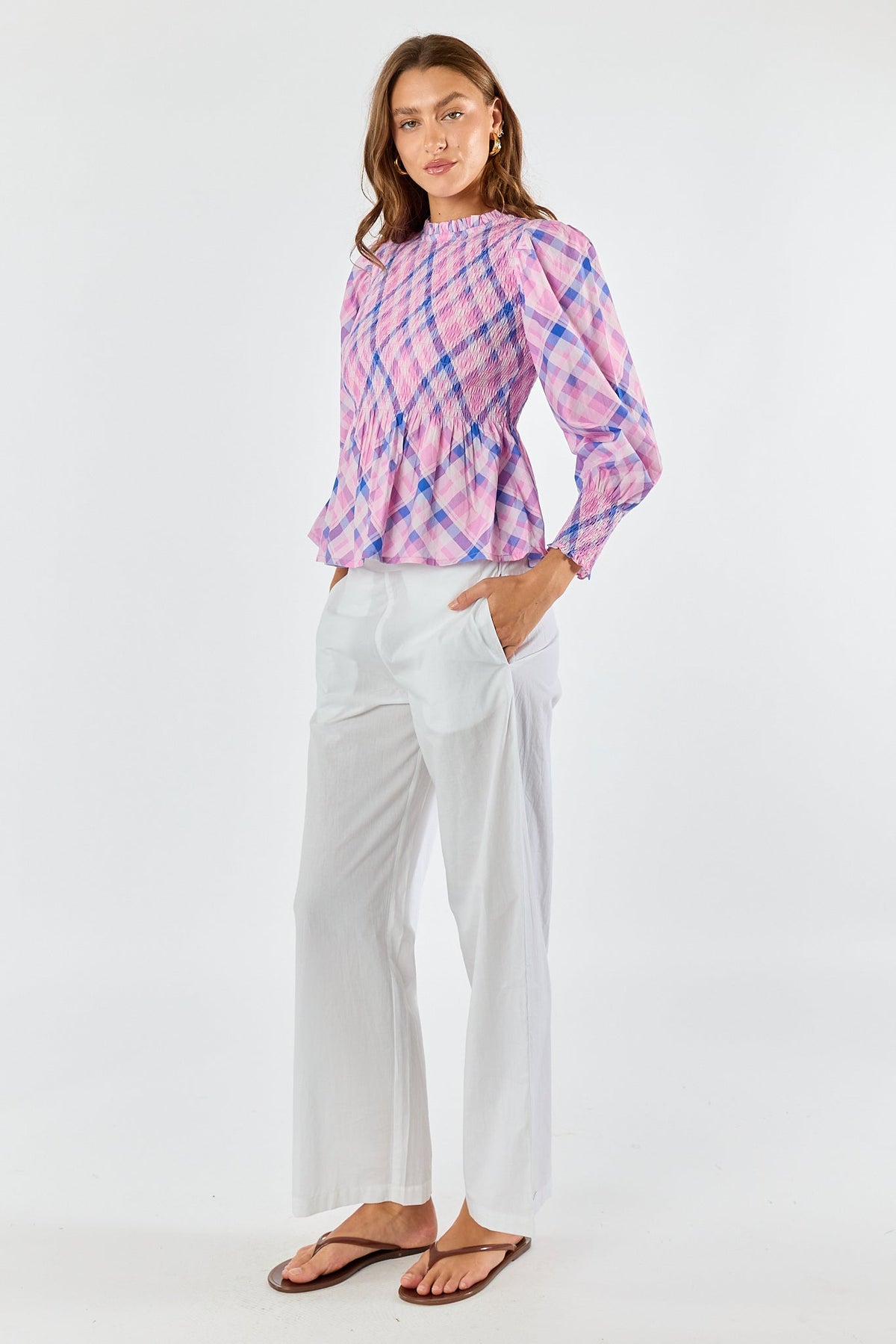 Division Itami Check Ruched Top (Pink)