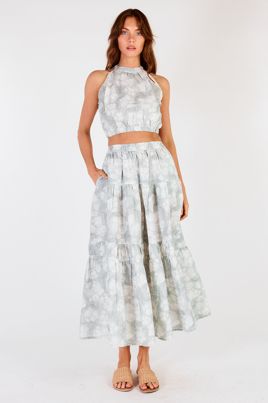 Image of a model wearing Skirts. Productname: Itami Eden Skirt Flores Xanadu in Xanadu colour by brand - Itami Division