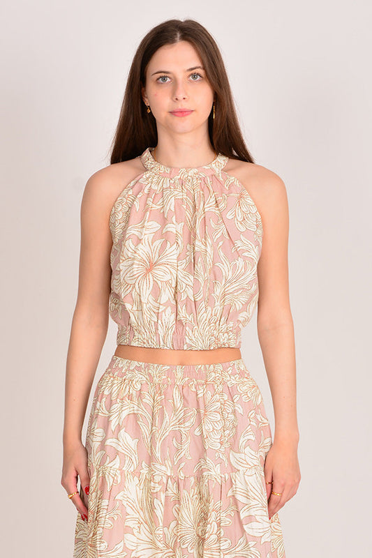 Image of a model wearing Tops. Productname: Itami Eden Halter Top Peoni in Peoni colour by brand - Itami Division