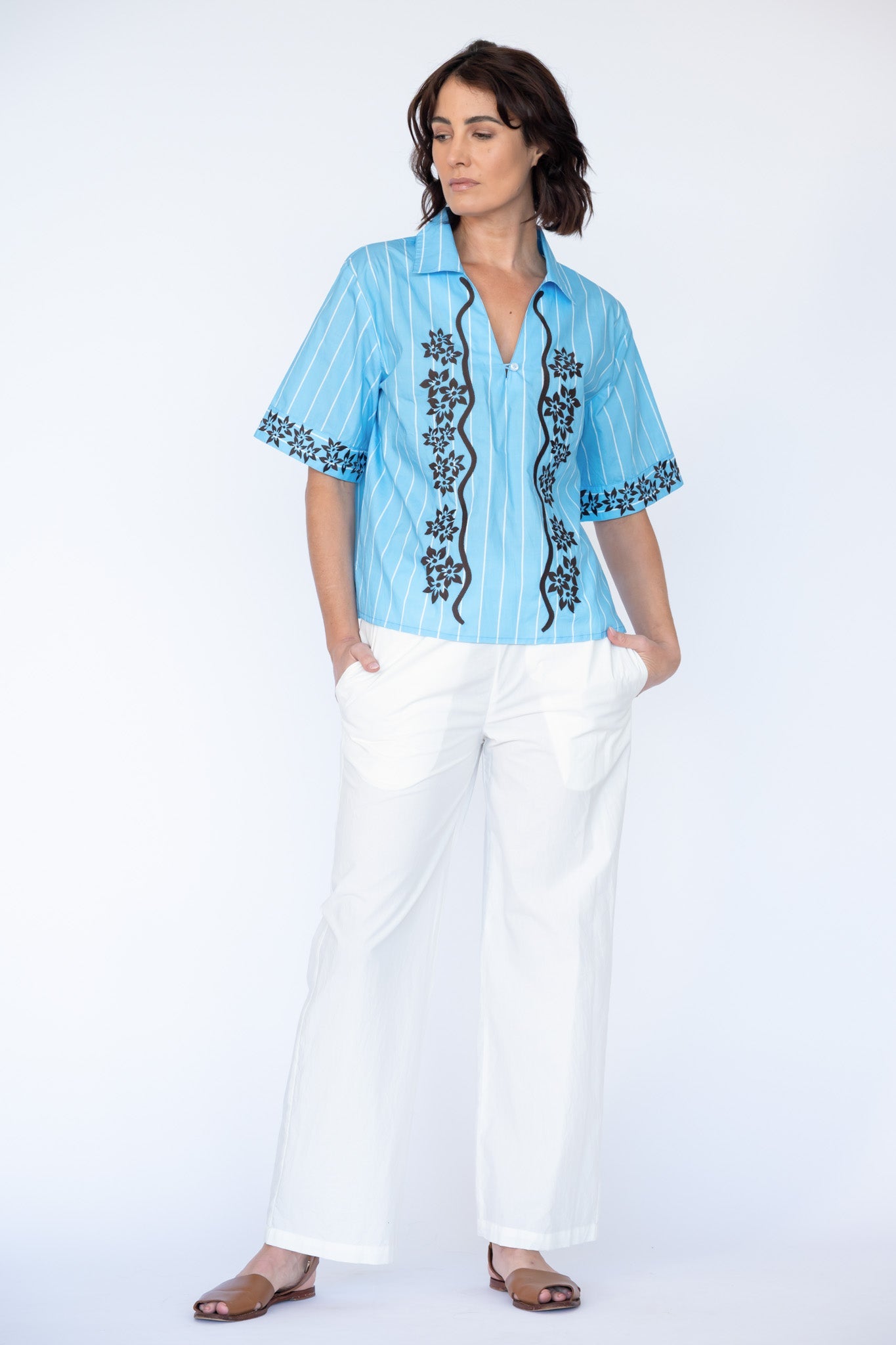 Image of a model wearing Pants. Product name - Itami Staple Pant White in White colour by brand - Itami Division
