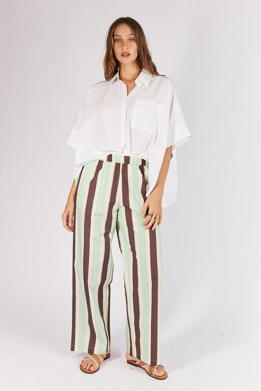 Image of a model wearing Pants. Productname: Itami Pamplone Pant Nomad Mint in Mint colour by brand - Itami Division