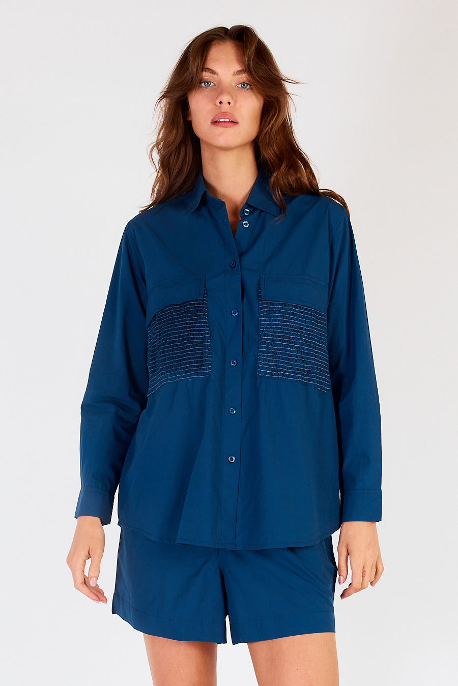 Image of Shirts. Product name - Itami Pamplone Shirred Pocket Shirt Navy in Navy colour by brand - Itami Division