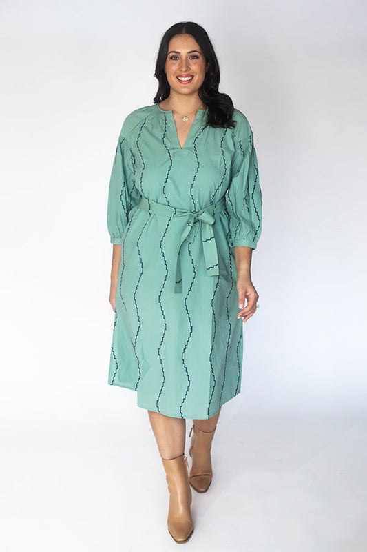 Image of Dresses. Product name - Itami Sakanto Kaftan ZigZag Sage in Tan colour by brand - Itami Division
