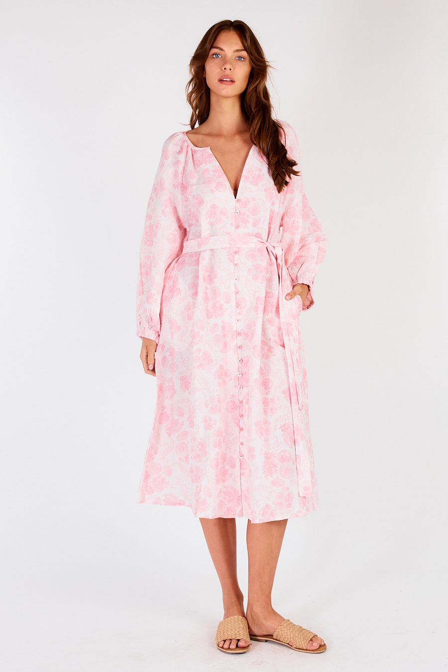 Image of a model wearing Tops. Productname: Itami Sakanto Long Sleeve Button Dress Flores Pink in Pink colour by brand - Itami Division