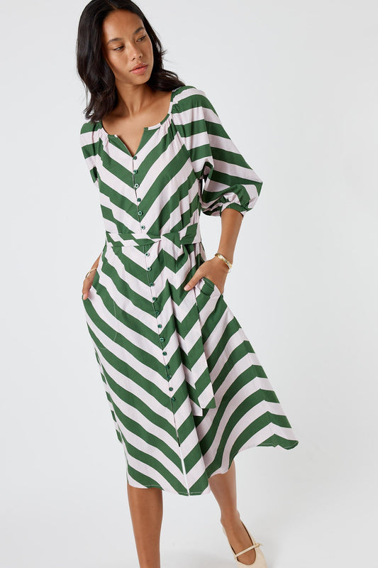 Division Itami Stripe Button Dress (Olive)