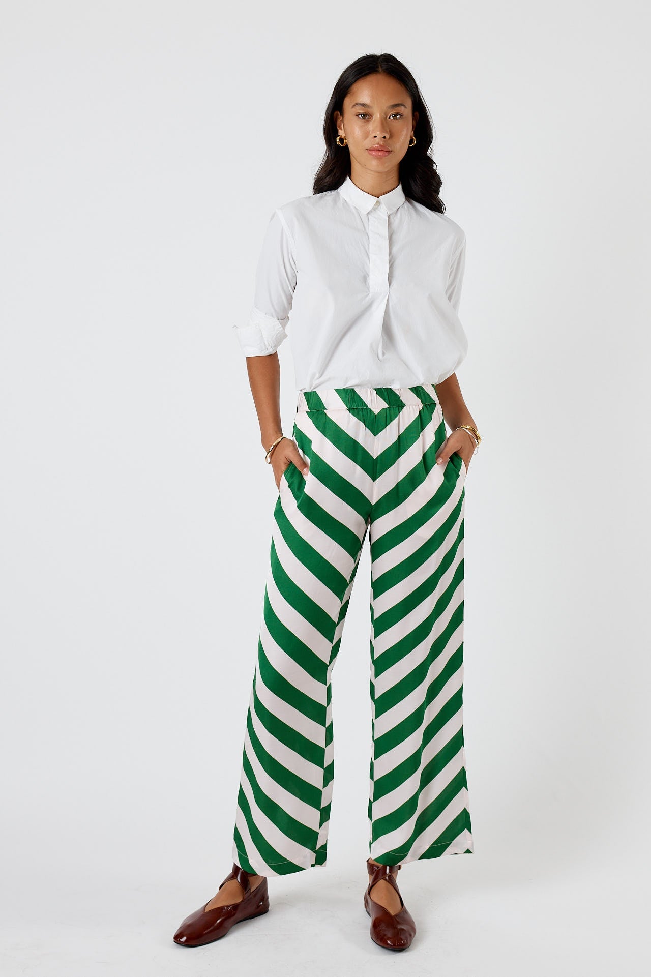 Image of a model wearing Pants. Product name - Itami Stripe Pant Olive in Olive colour by brand - Itami Division