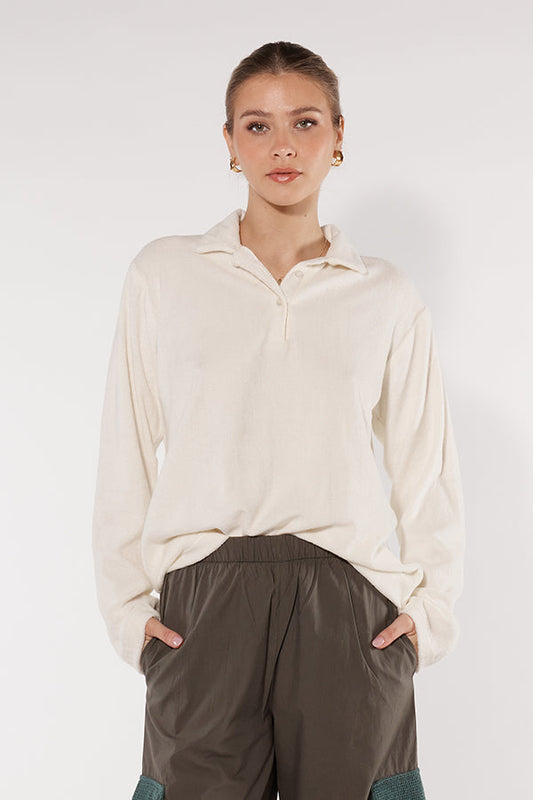 Image of a model wearing Tops. Productname: Itami Terri Long Sleeve Shirt Natural in Natural colour by brand - Itami Division