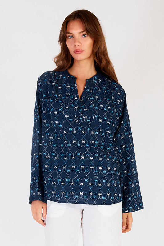 Image of a model wearing Tops. Productname: Itami Tiki Top Almera Blue in Blue colour by brand - Itami Division