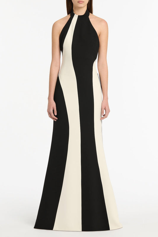 Image of Dresses. Product name - Ivory And Black Crepe Panel Gown in Black colour by brand - Carla Zampatti