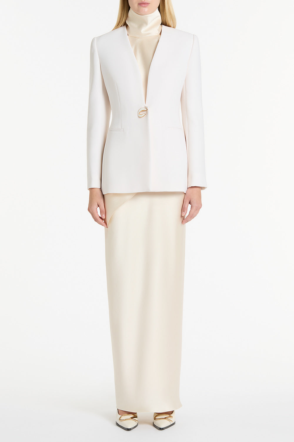 Image of Coats & Jackets. Product name - Ivory Crepe C Blazer in White colour by brand - Carla Zampatti