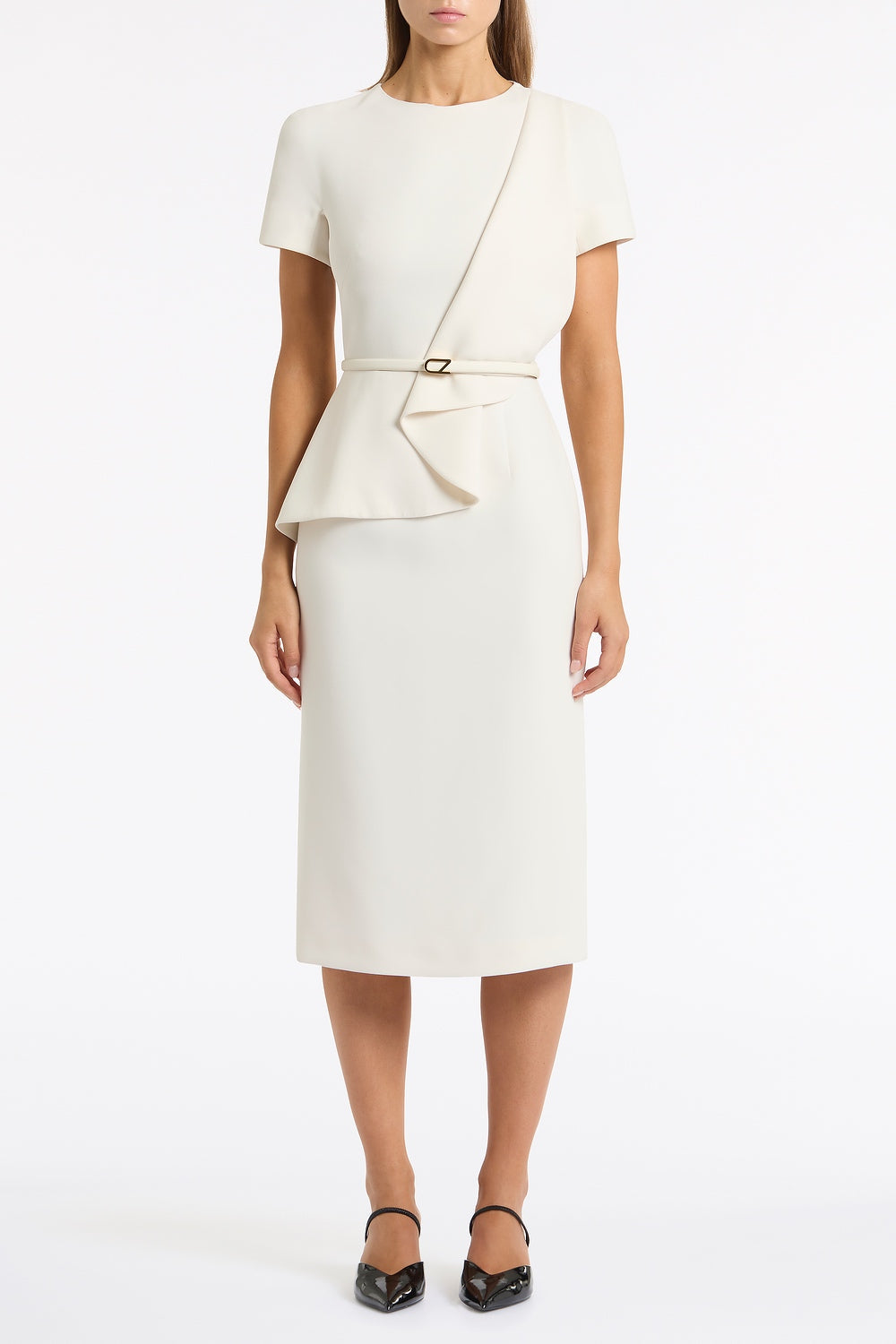 Carla Zampatti Crepe Drape Peplum Midi Dress (Ivory)