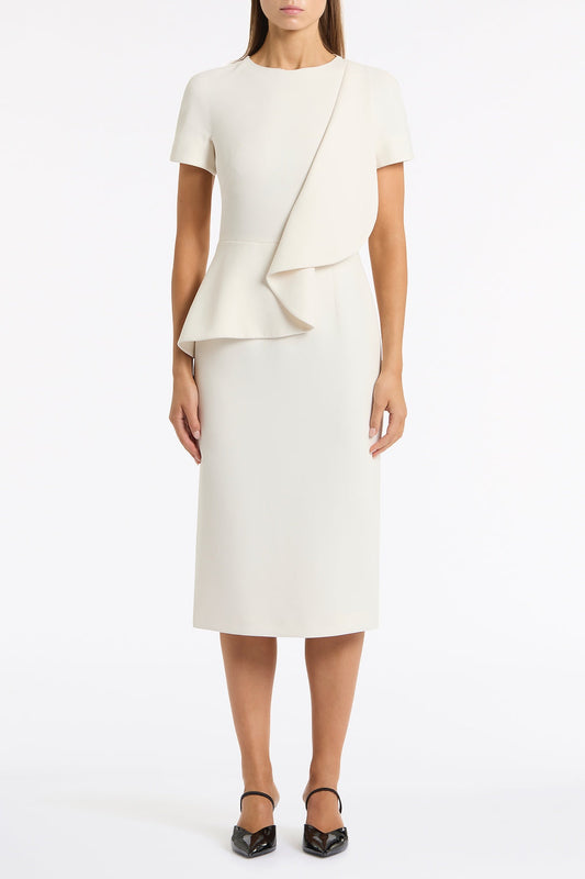 Image of Dresses. Product name - Ivory Crepe Drape Peplum Midi Dress in Ivory colour by brand - Carla Zampatti