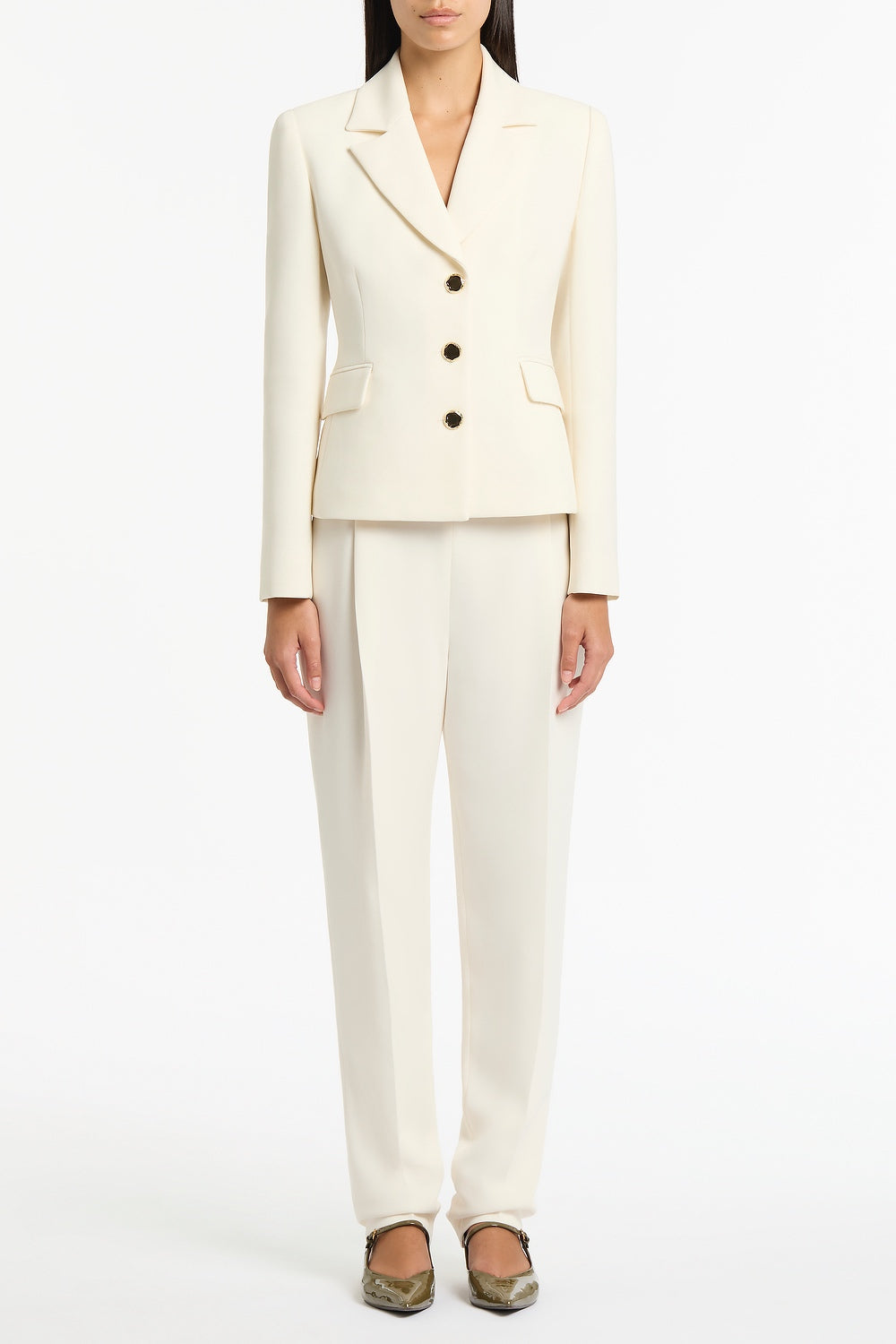 Image of Coats & Jackets. Product name - Ivory Crepe Fitted Waist Jacket in Ivory colour by brand - Carla Zampatti