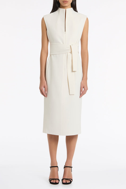 Image of Dresses. Product name - Ivory Crepe High Neck Tie Front Midi Dress in Ivory colour by brand - Carla Zampatti