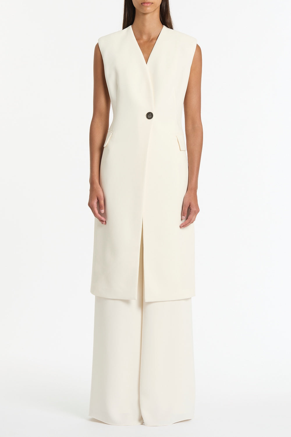 Image of Coats & Jackets. Product name - Ivory Crepe Long Line Vest in White colour by brand - Carla Zampatti