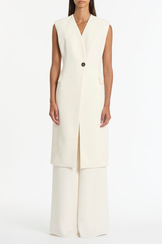 Image of Coats & Jackets. Product name - Ivory Crepe Long Line Vest in White colour by brand - Carla Zampatti
