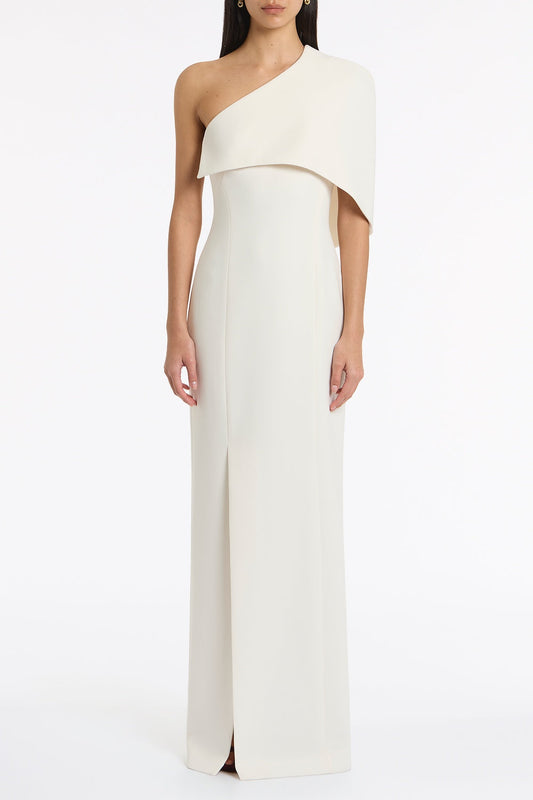 Image of Dresses. Product name - Ivory Crepe One Shoulder Cape Gown in Ivory colour by brand - Carla Zampatti