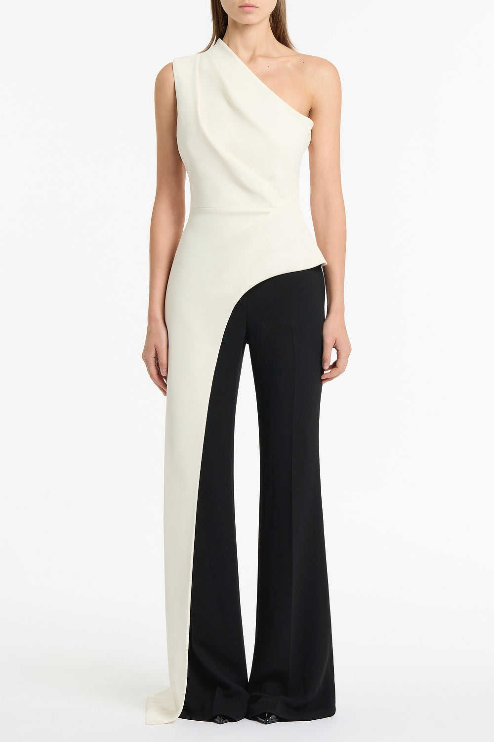 Image of a model wearing Tops. Product name - Ivory Crepe One Shoulder Longline Top in Ivory colour by brand - Carla Zampatti
