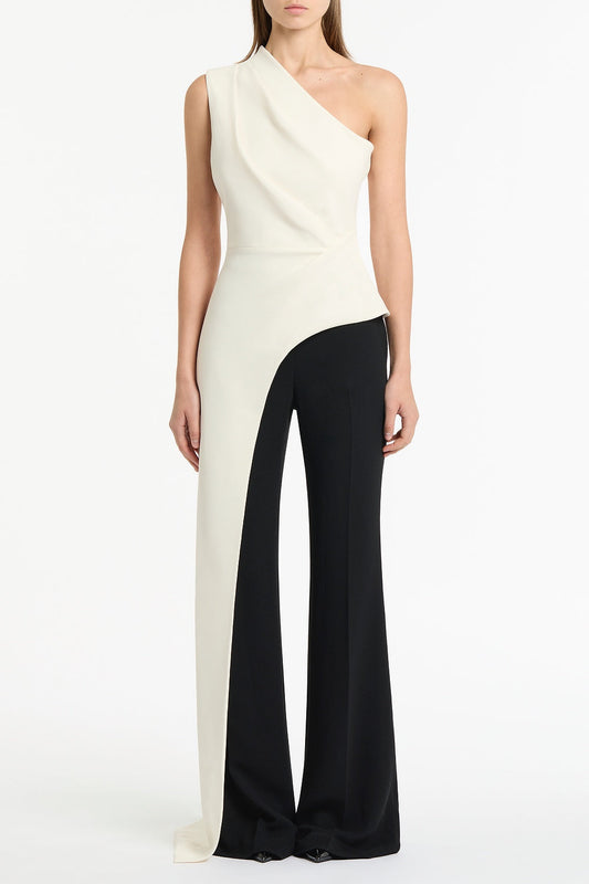 Image of a model wearing Tops. Product name - Ivory Crepe One Shoulder Longline Top in Ivory colour by brand - Carla Zampatti