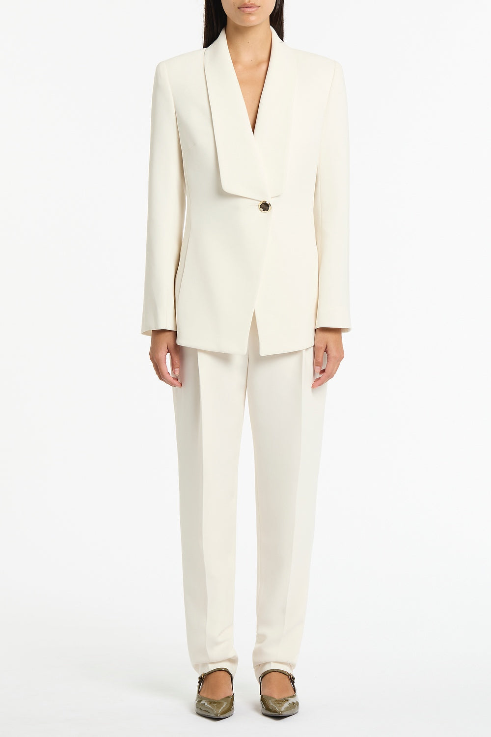 Image of Coats & Jackets. Product name - Ivory Crepe Shawl Collar Jacket in Ivory colour by brand - Carla Zampatti