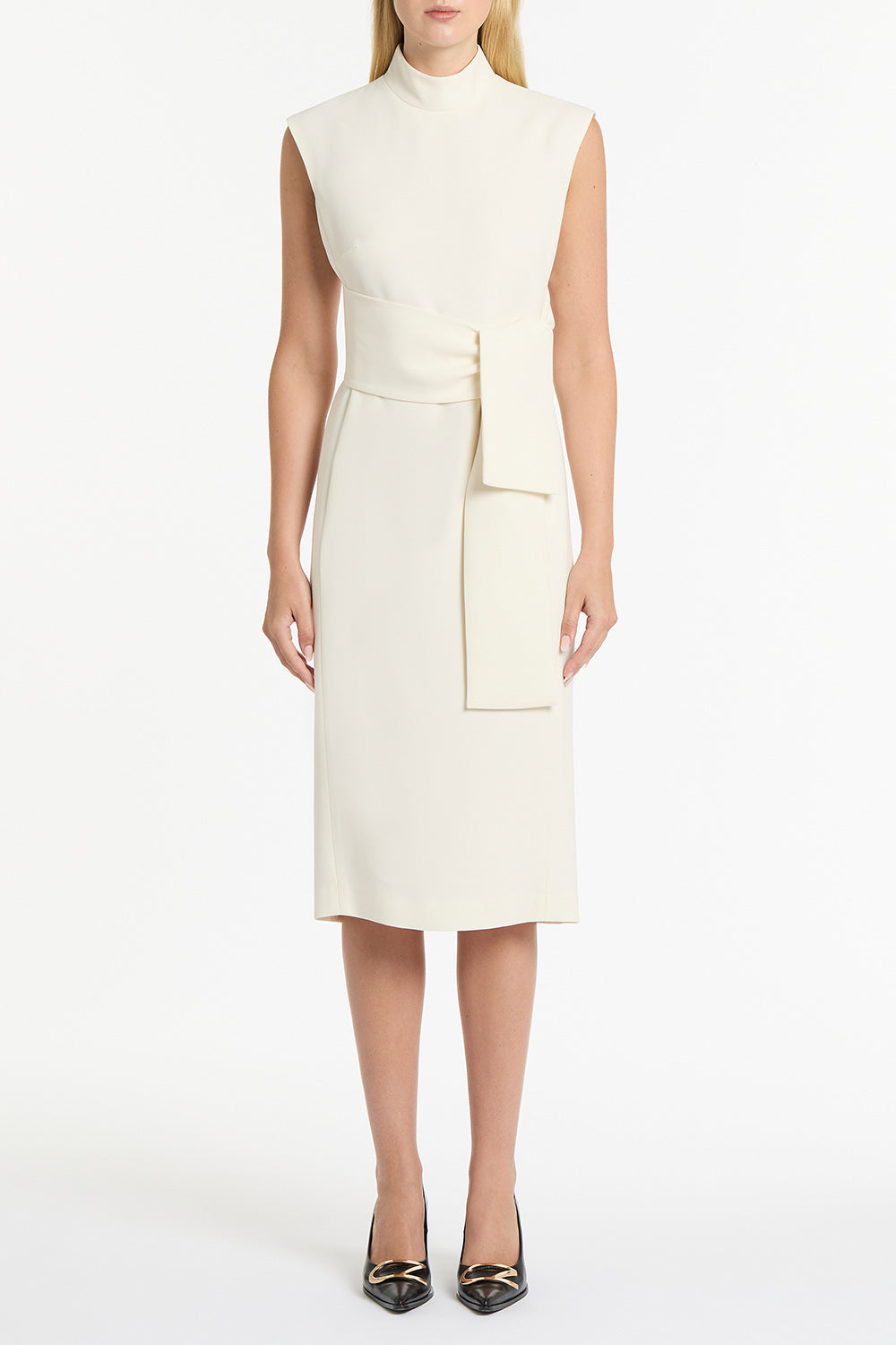 Image of Dresses. Product name - Ivory Crepe Striscia Dress in Cream colour by brand - Carla Zampatti