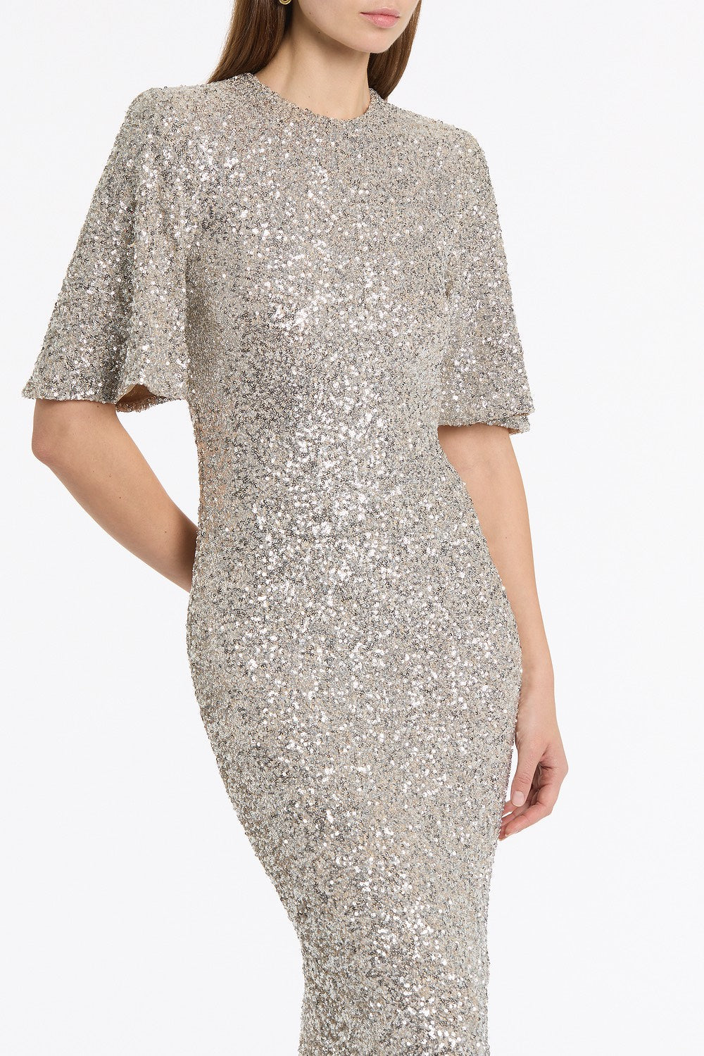 Carla Zampatti Crushed Sequin Bell Sleeve Midi Dress (Ivory)