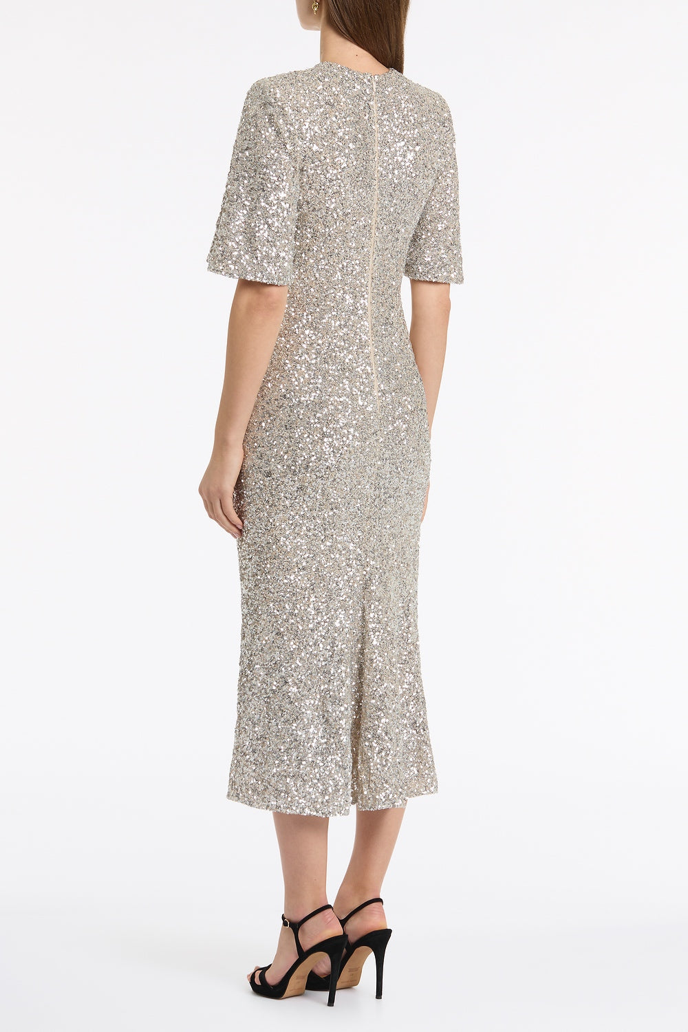 Carla Zampatti Crushed Sequin Bell Sleeve Midi Dress (Ivory)
