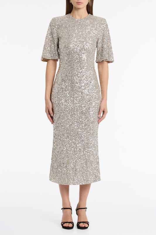 Image of Dresses. Product name - Ivory Crushed Sequin Bell Sleeve Midi Dress in Ivory colour by brand - Carla Zampatti