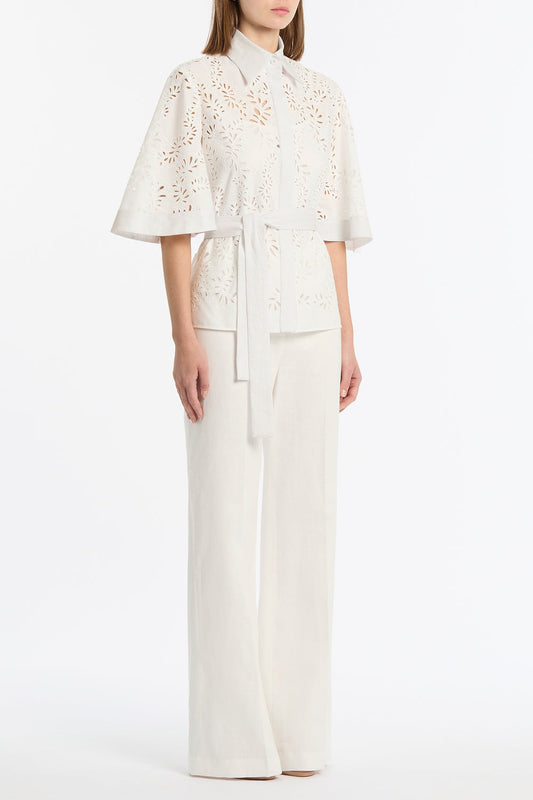 Carla Zampatti Lace Broderie Fluted Sleeve Tie Top (Ivory)
