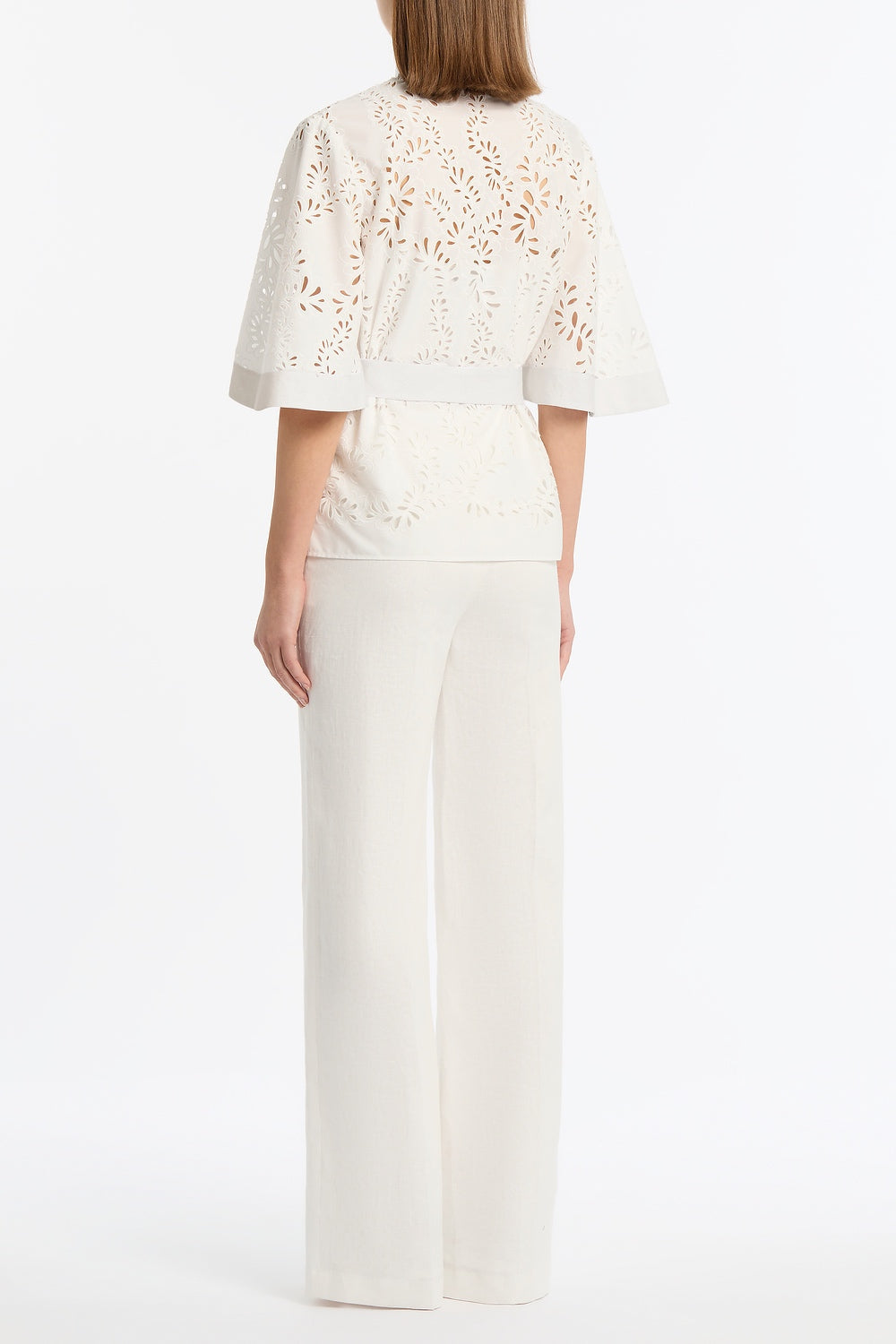 Carla Zampatti Lace Broderie Fluted Sleeve Tie Top (Ivory)