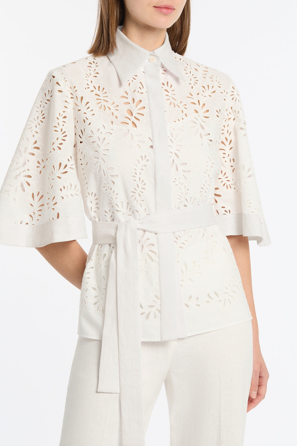 Carla Zampatti Lace Broderie Fluted Sleeve Tie Top (Ivory)