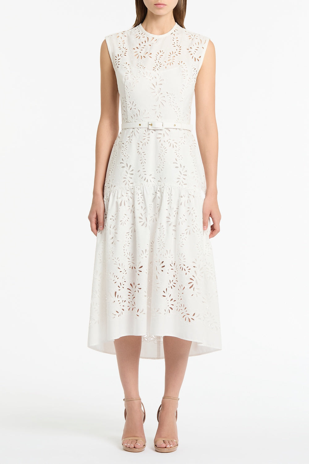 Image of Dresses. Product name - Ivory Lace Broderie Midi Dress in Ivory colour by brand - Carla Zampatti