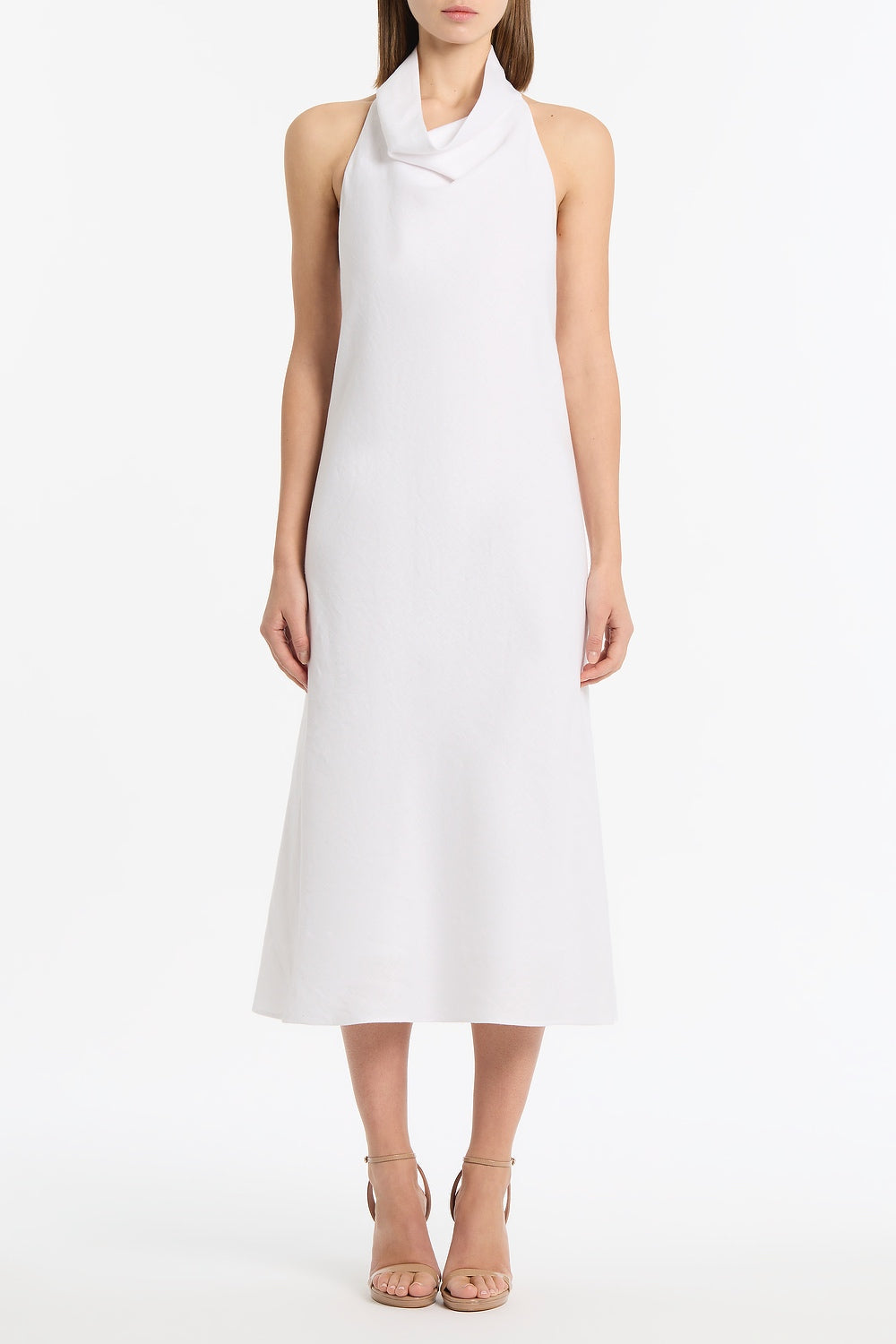 Image of Dresses. Product name - Ivory Linen Cowl Neck Midi Dress in Ivory colour by brand - Carla Zampatti