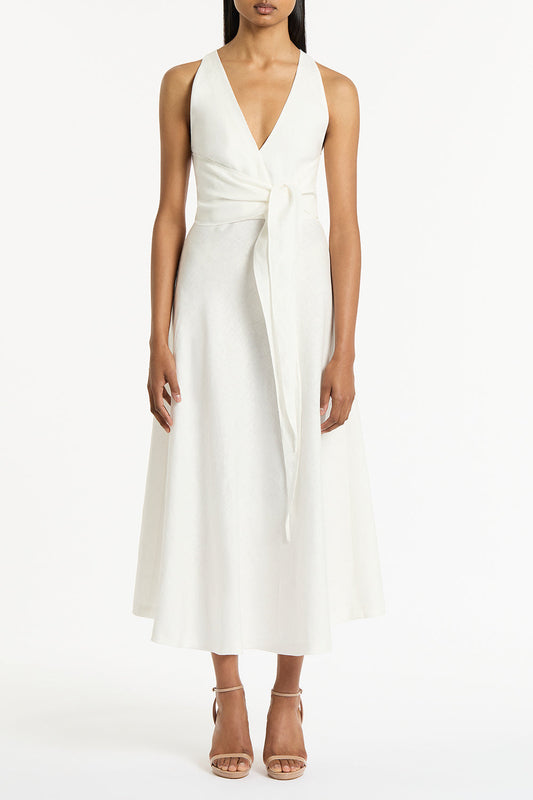 Image of Dresses. Product name - Ivory Linen V-Neck Wrap Dress in White colour by brand - Carla Zampatti
