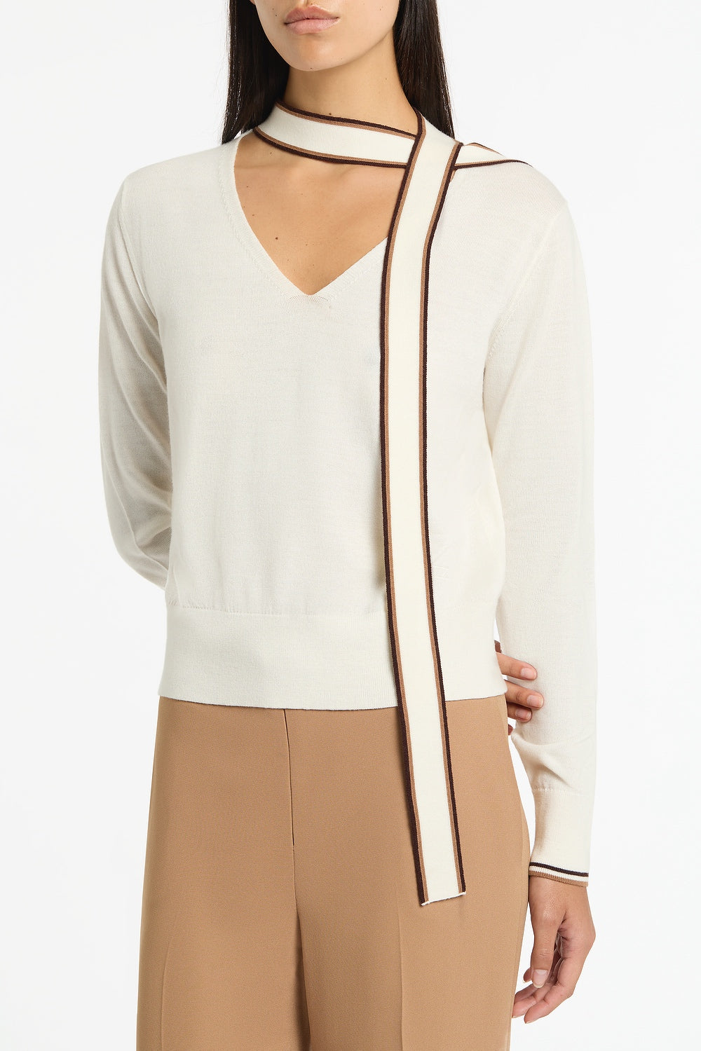 Carla Zampatti Ivory Merino Tipped Tie Neck Knit Top (White)