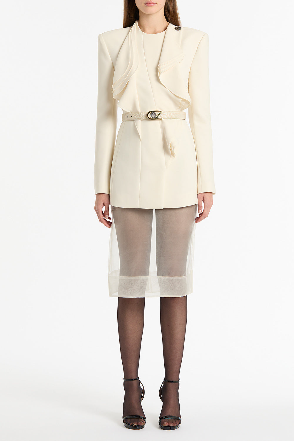Image of a model wearing Skirts. Product name - Ivory Organza Pencil Skirt in White colour by brand - Carla Zampatti