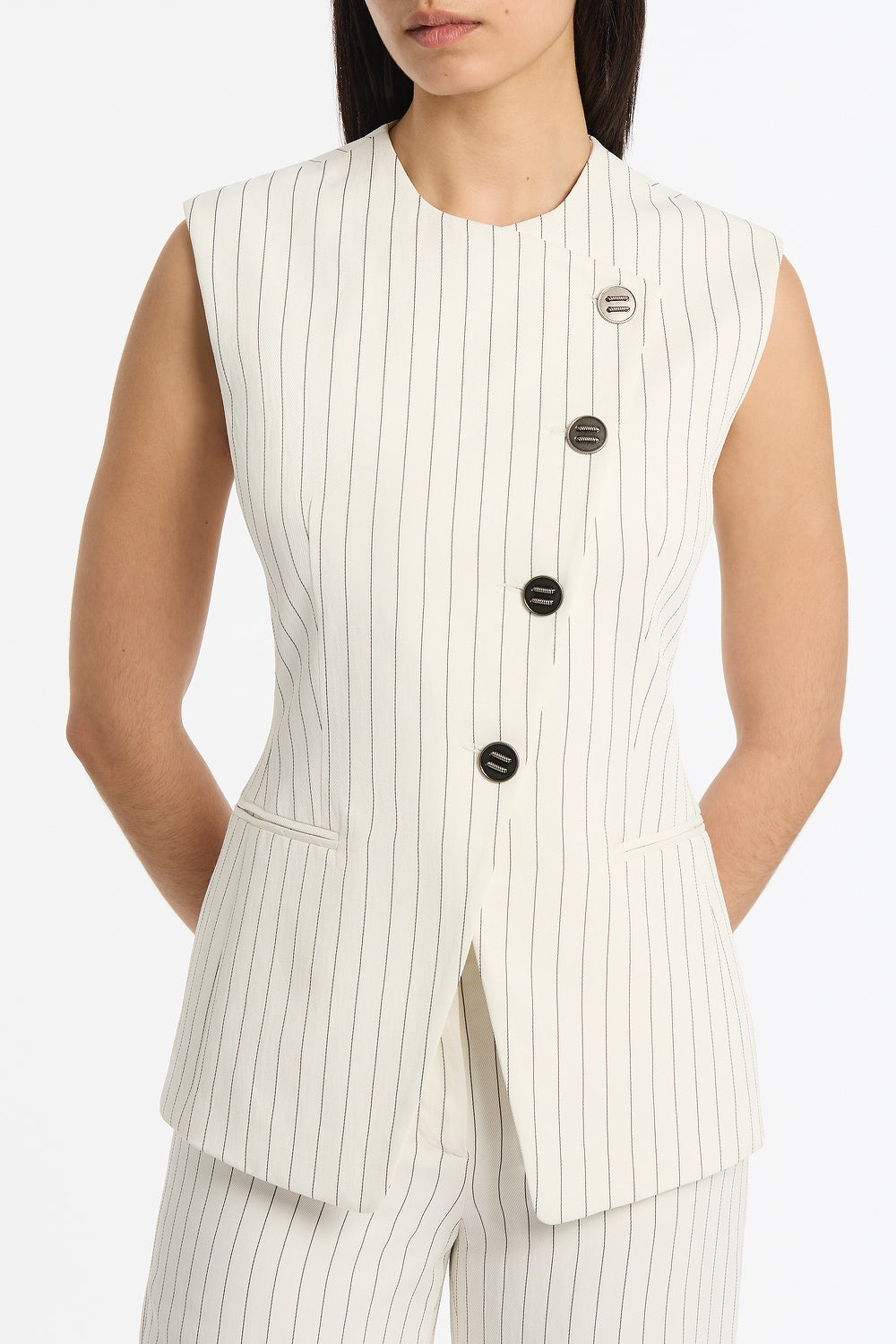 Carla Zampatti Pinstripe Linen Asymmetric Vest (Ivory)
