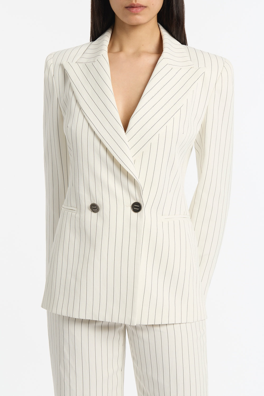 Carla Zampatti Pinstripe Linen Double Breasted Jacket (Ivory)