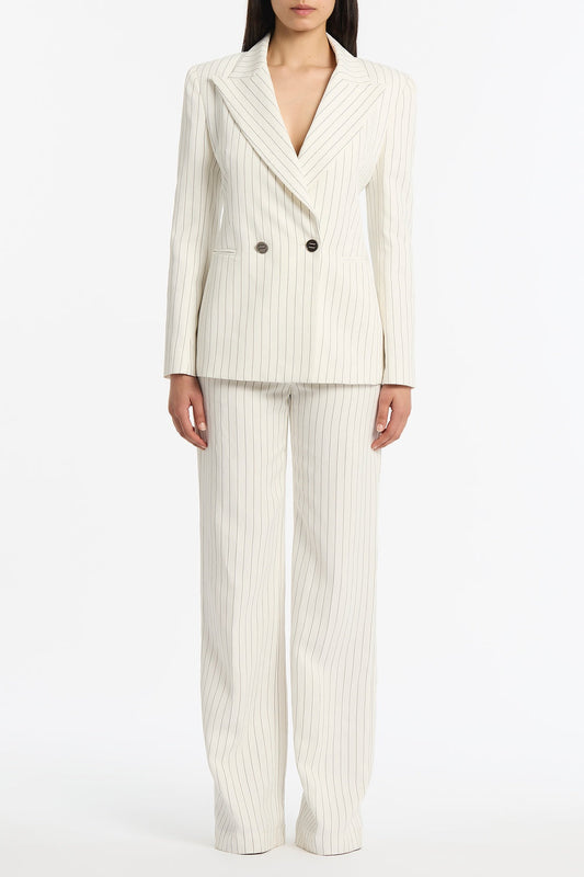 Image of Coats & Jackets. Product name - Ivory Pinstripe Linen Double Breasted Jacket in Ivory colour by brand - Carla Zampatti