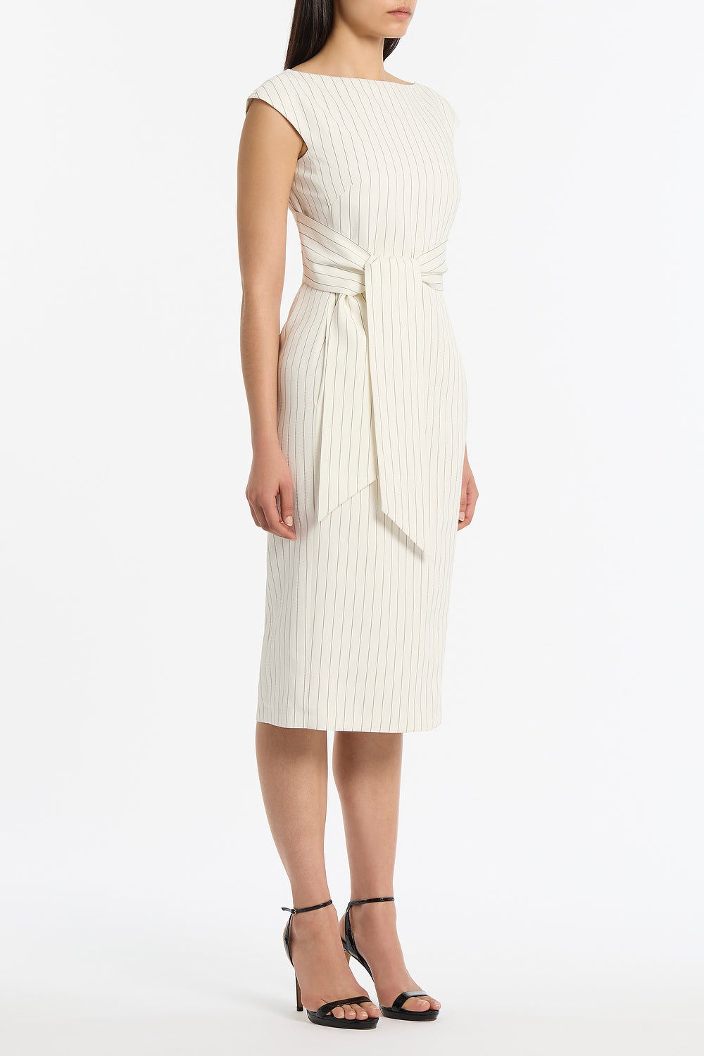 Carla Zampatti Pinstripe Linen Tie Waist Midi Dress (Ivory)