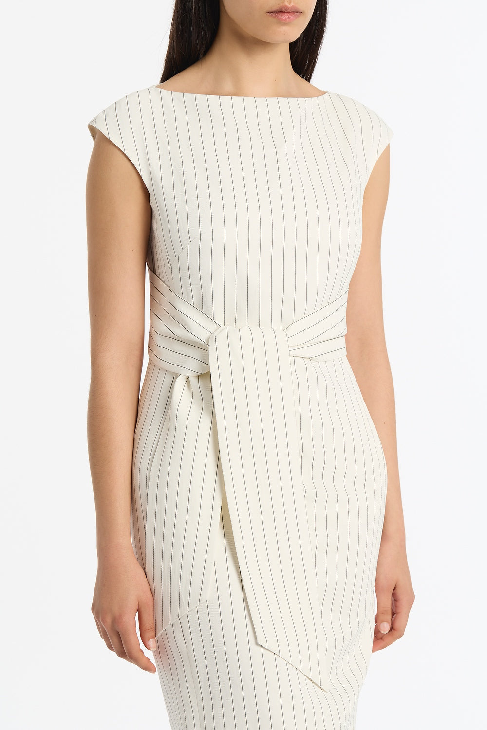 Carla Zampatti Pinstripe Linen Tie Waist Midi Dress (Ivory)