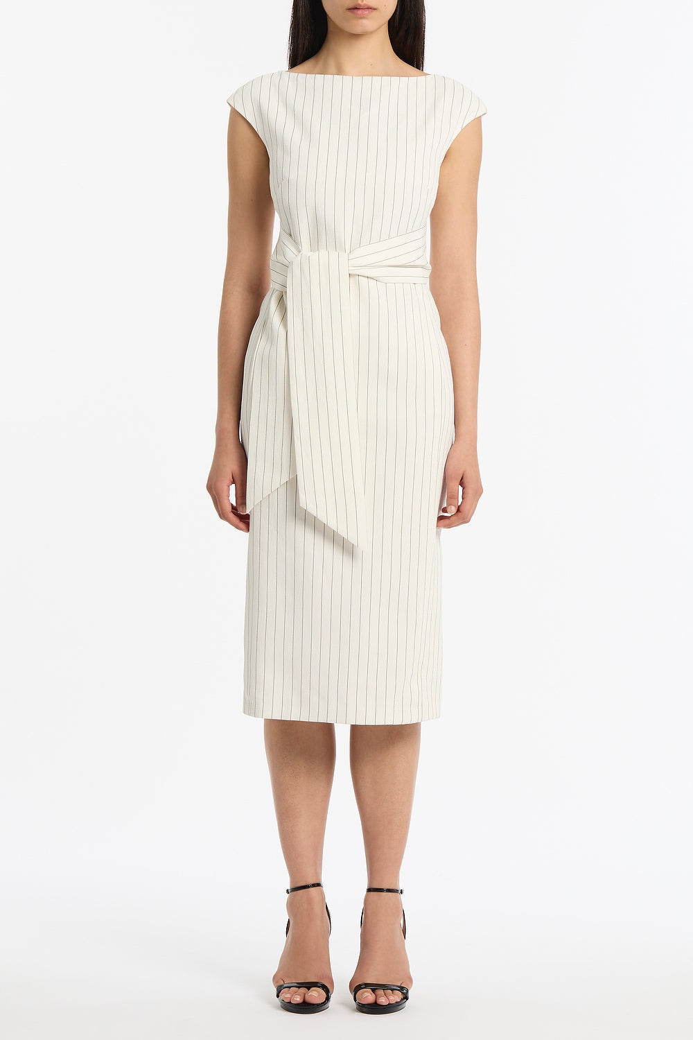 Image of Dresses. Product name - Ivory Pinstripe Linen Tie Waist Midi Dress in Ivory colour by brand - Carla Zampatti